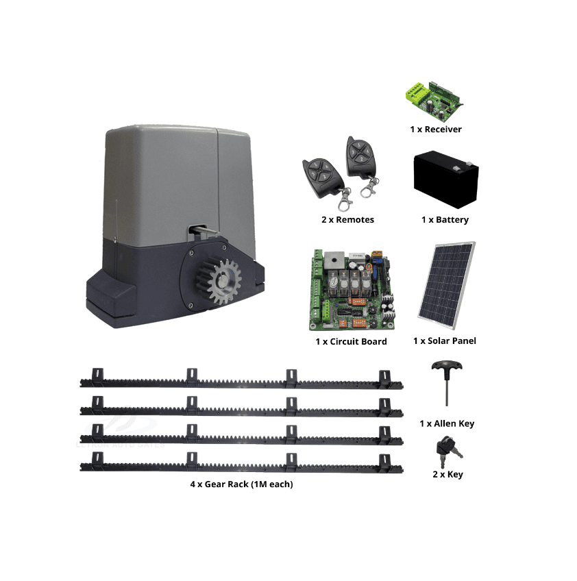 Sliding gate motor kit with solar panel and remotes from SAMT Garage & Gate Automation, Prestons, New South Wales, Australia.