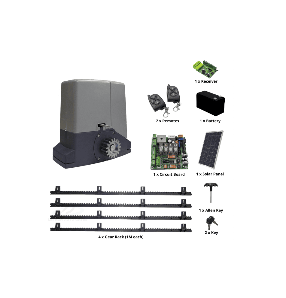 Sliding gate motor kit with solar panel and remotes from SAMT Garage & Gate Automation, Prestons, New South Wales, Australia.