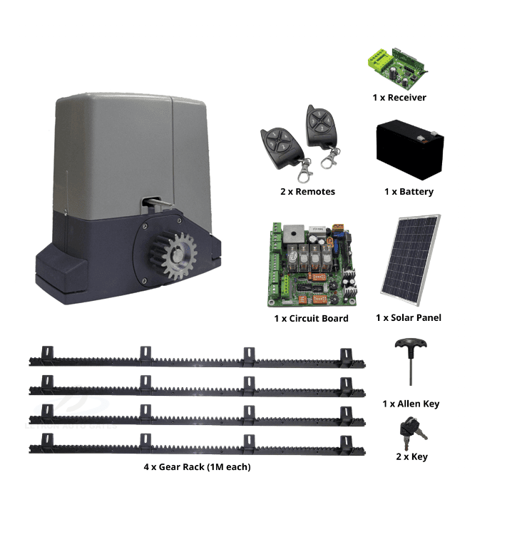Sliding gate motor kit with solar panel and remotes from SAMT Garage & Gate Automation, Prestons, New South Wales, Australia.