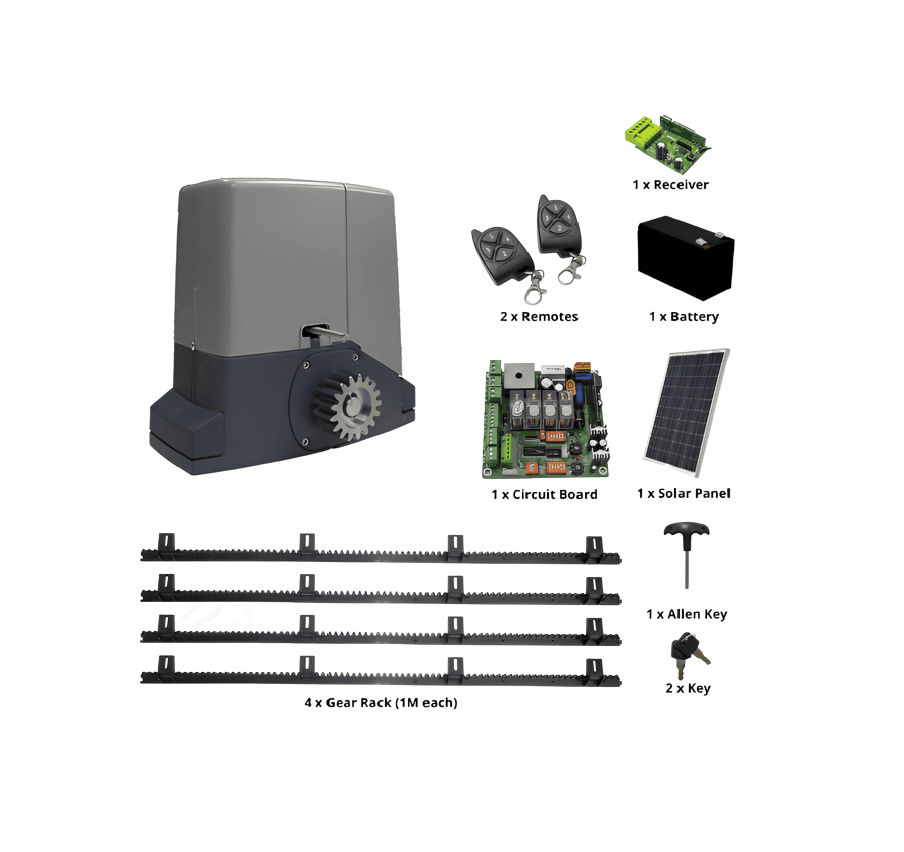 Sliding gate motor kit with solar panel and remotes from SAMT Garage & Gate Automation, Prestons, New South Wales, Australia.