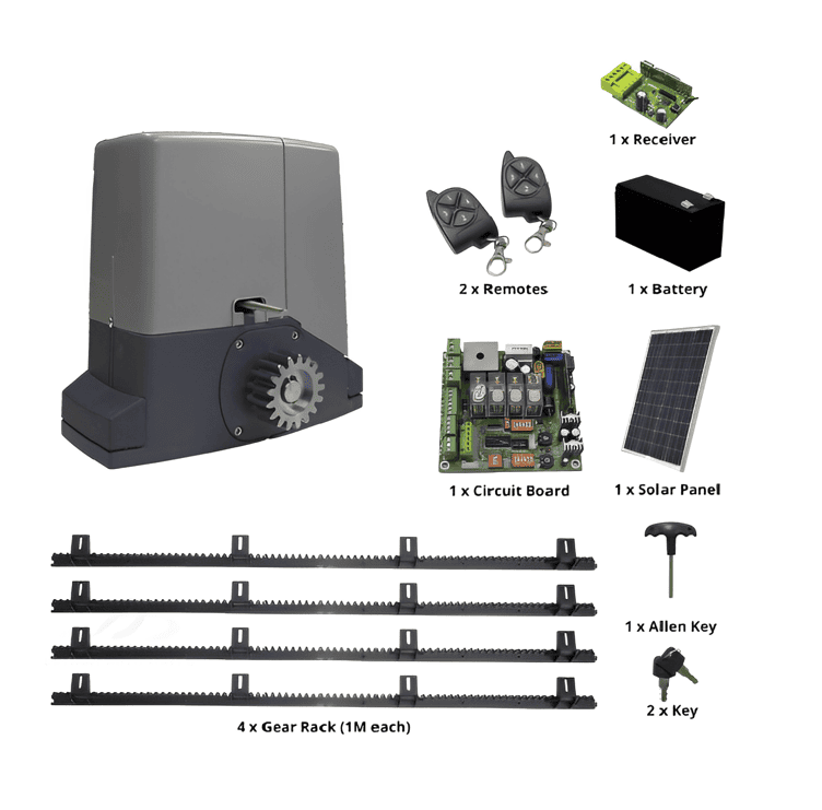 Sliding gate motor kit with solar panel and remotes from SAMT Garage & Gate Automation, Prestons, New South Wales, Australia.