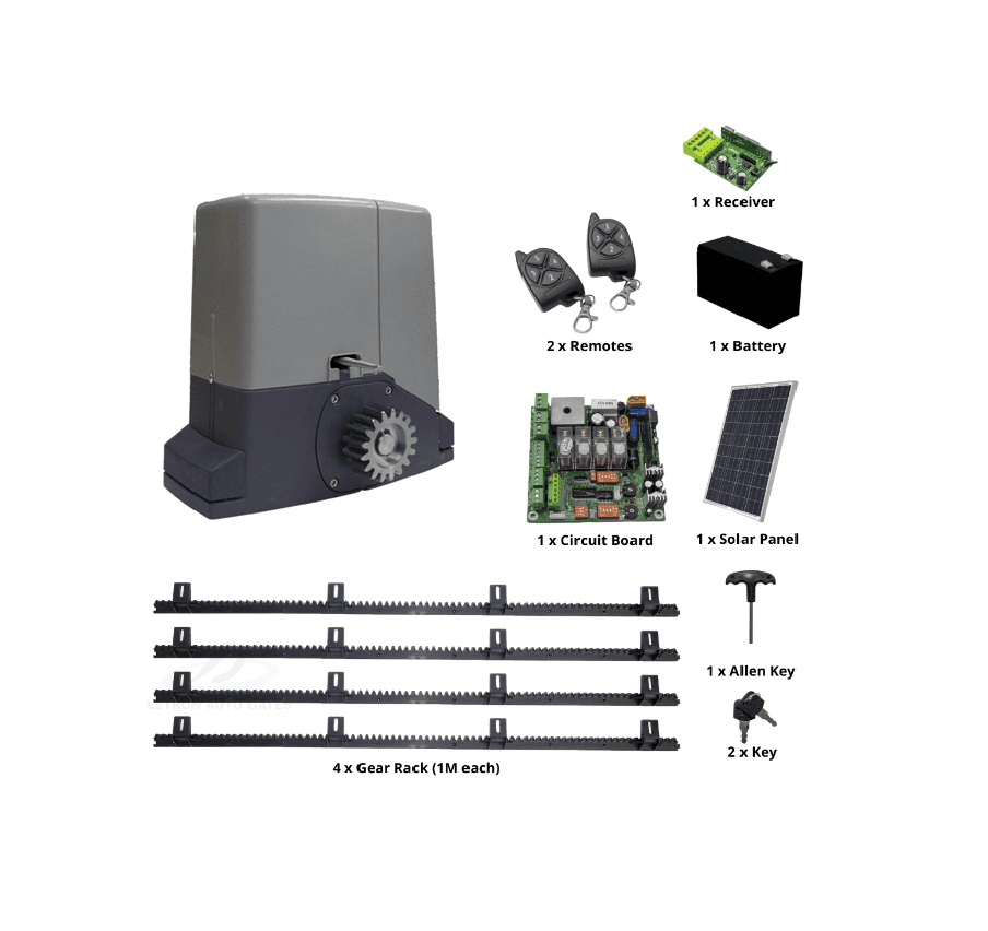 Sliding gate motor kit with solar panel and remotes from SAMT Garage & Gate Automation, Prestons, New South Wales, Australia.