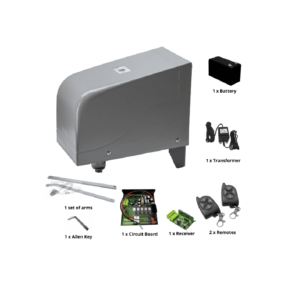 Solar-powered automatic swing gate kit with accessories and remotes, SAMT Garage & Gate Automation, Prestons, New South Wales, Australia.