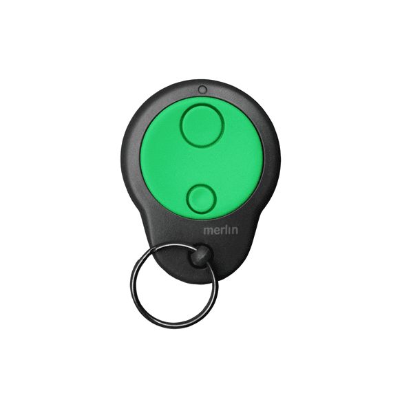 Merlin garage door remote with two green buttons, compatible smart garage door opener, available in Australia