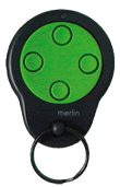 Merlin garage door remote control with four green buttons from SAMT in Prestons, New South Wales, Australia.