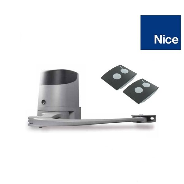 NICE articulated swing gate motor with two remote controls for automatic gate opener systems in Australia, available from SAMT.