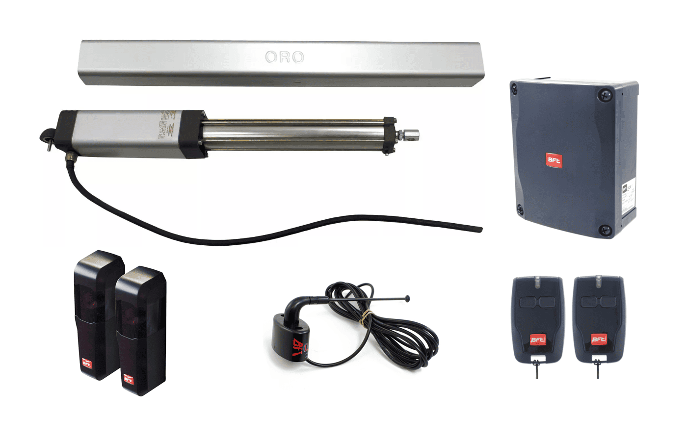 BFT ORO hydraulic swing gate opener kit with remotes and safety accessories by SAMT in Prestons, New South Wales, Australia.