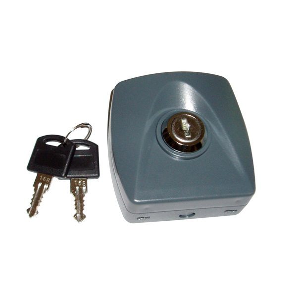 Grey electric gate lock with two keys for enhanced security, photographed in Prestons, New South Wales, Australia.