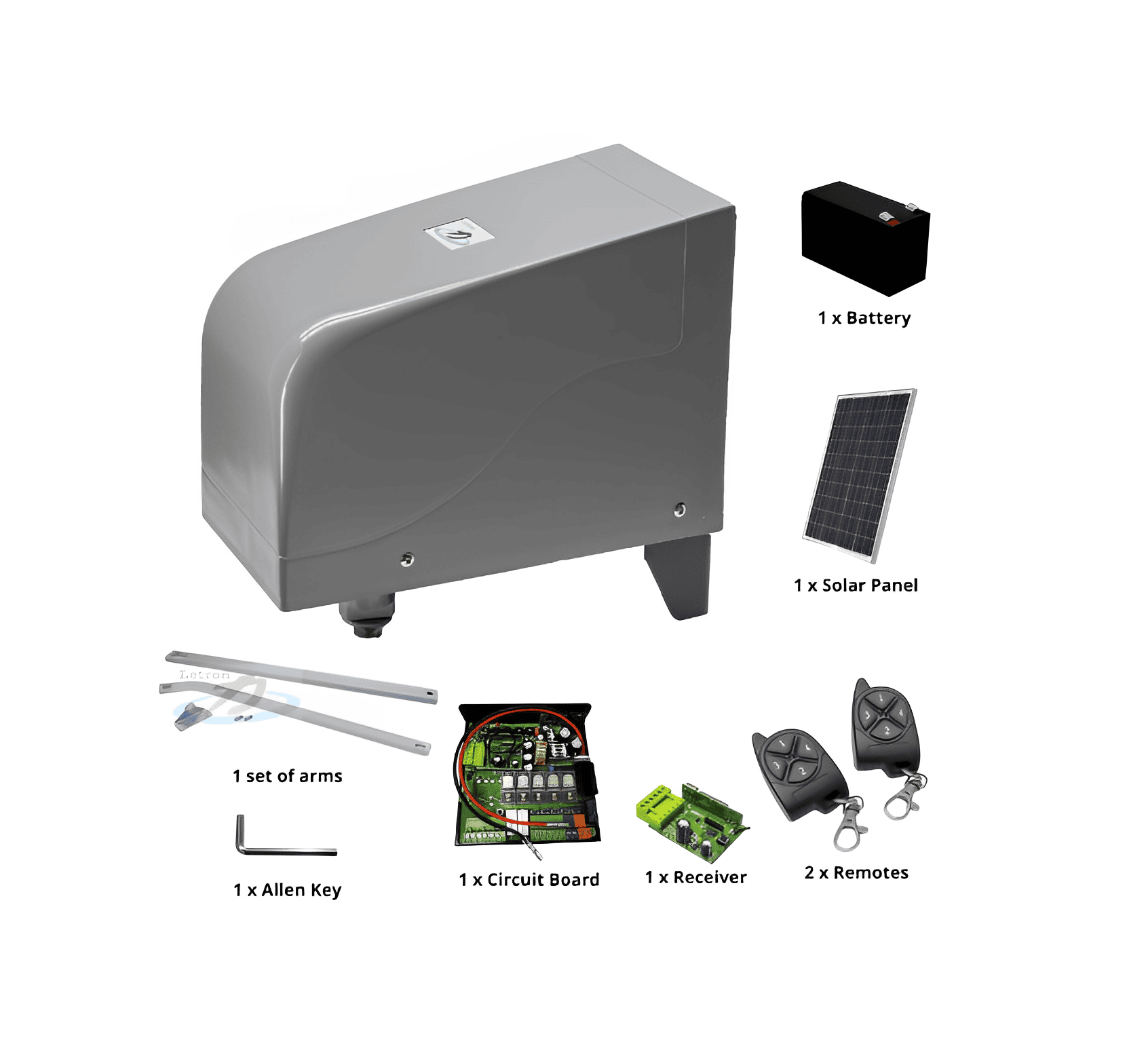 Solar-powered automatic swing gate opener kit with remotes and accessories by SAMT Garage & Gate Automation, Prestons, Australia.