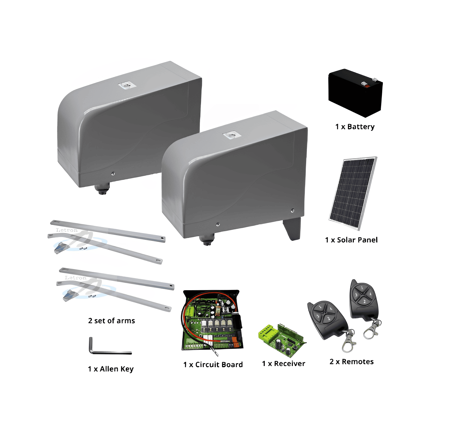 Dual motorized swing gate kit including solar panel, receiver, and remotes in New South Wales, Australia by SAMT.