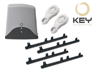 Grey KEY Automation sliding gate opener kit with two remotes and racks, available in Australia from SAMT Garage & Gate Automation.