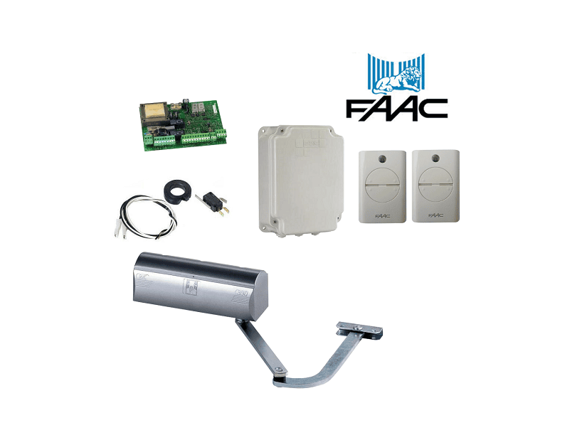 FAAC branded articulated arm gate opener kit including motor, control board, and two remote transmitters for swing gate automation in Prestons, New South Wales, Australia.