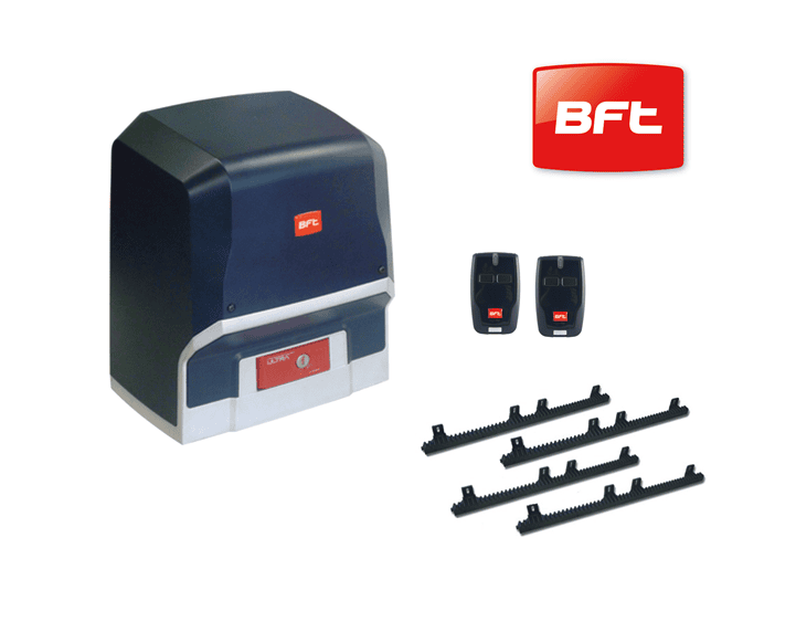 BFT branded sliding gate motor kit with control box, rack gears, and two remote controls for automated gates in Prestons, New South Wales, Australia