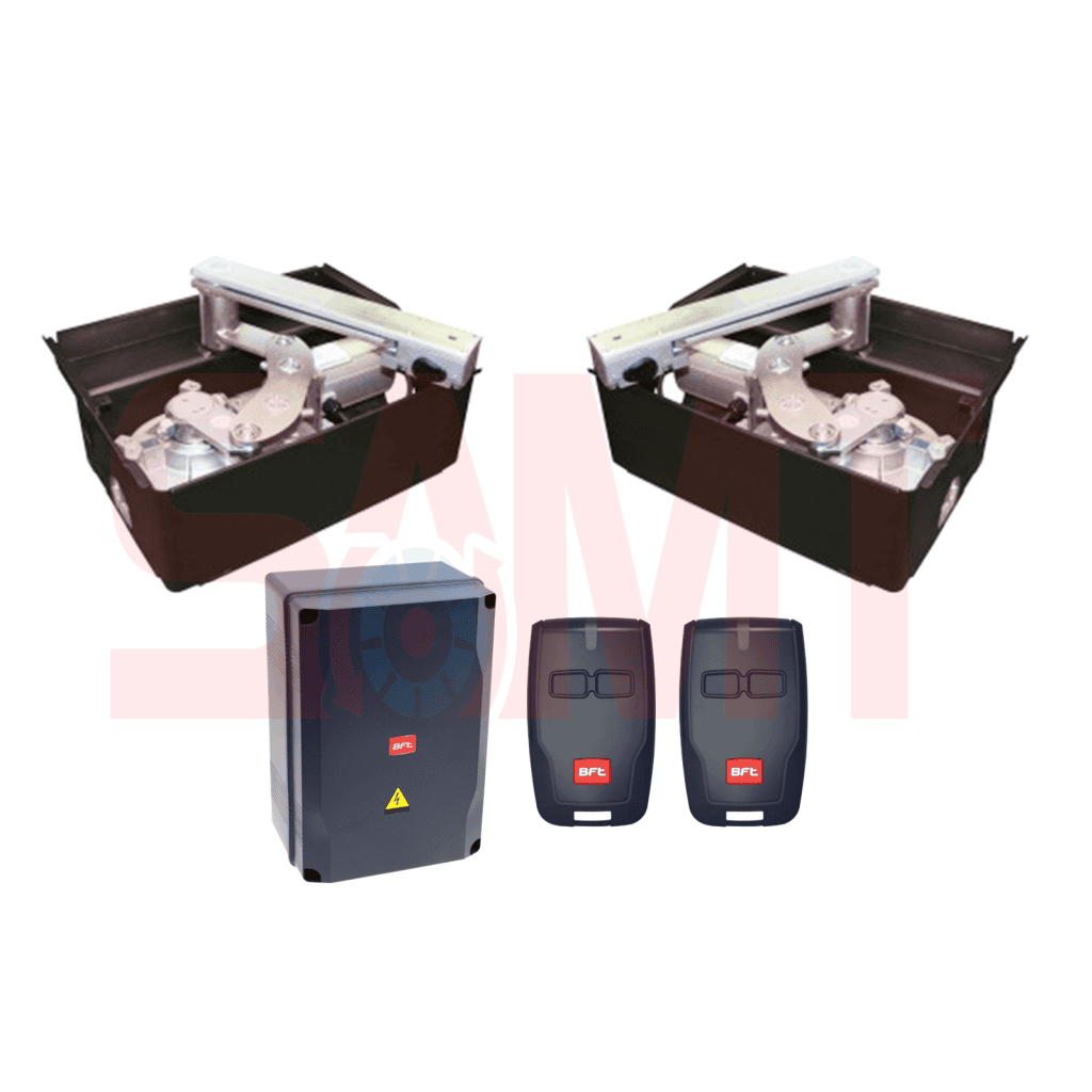 Centsys automated gate opener kit with two grey linear actuators, control unit inside a white enclosure, and two colorful remote controls in Prestons, New South Wales, Australia