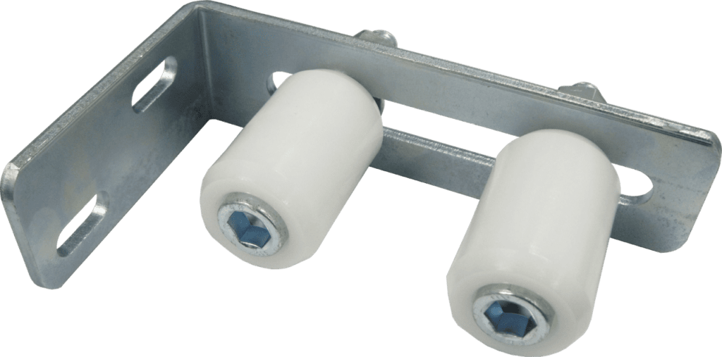 Galvanized steel angle bracket with two white nylon rollers for sliding gate support, photographed in Prestons, New South Wales, Australia.
