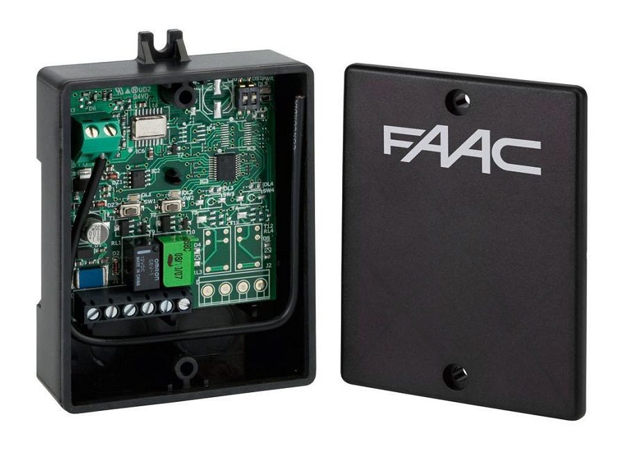 FAAC wireless receiver control box with exposed circuit board and cover, used for gate automation in Prestons, New South Wales, Australia