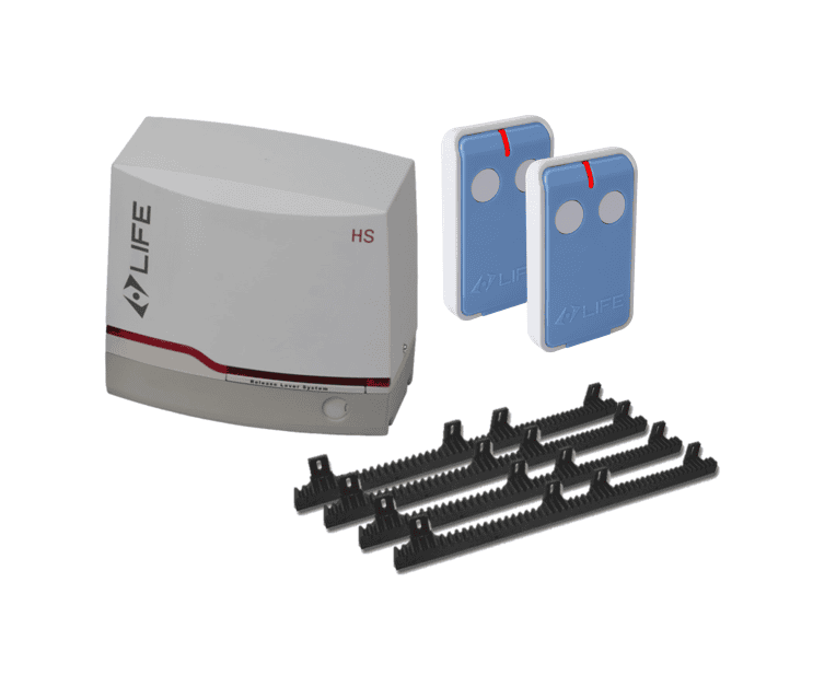 LIFE sliding gate motor kit with rack gears and two remotes, isolated, in Prestons, New South Wales, Australia.