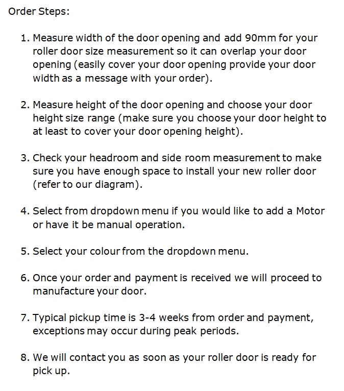 Roller door order steps instruction sheet, step-by-step guide, in Prestons, New South Wales, Australia.