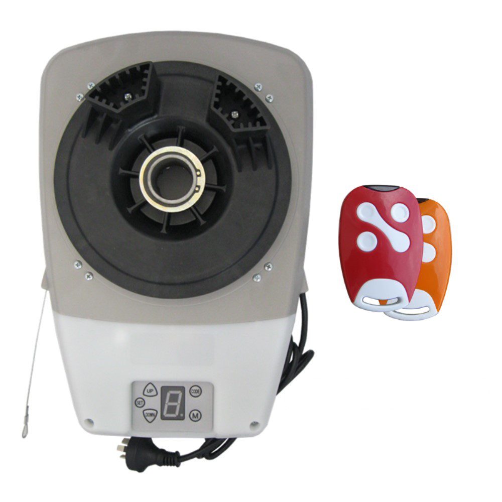 Electric roller shutter door opener motor with two remotes, close-up in Prestons, New South Wales, Australia.