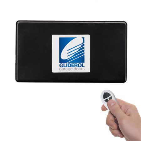 Gliderol garage door receiver control box, black, angled view, in Prestons, New South Wales, Australia.