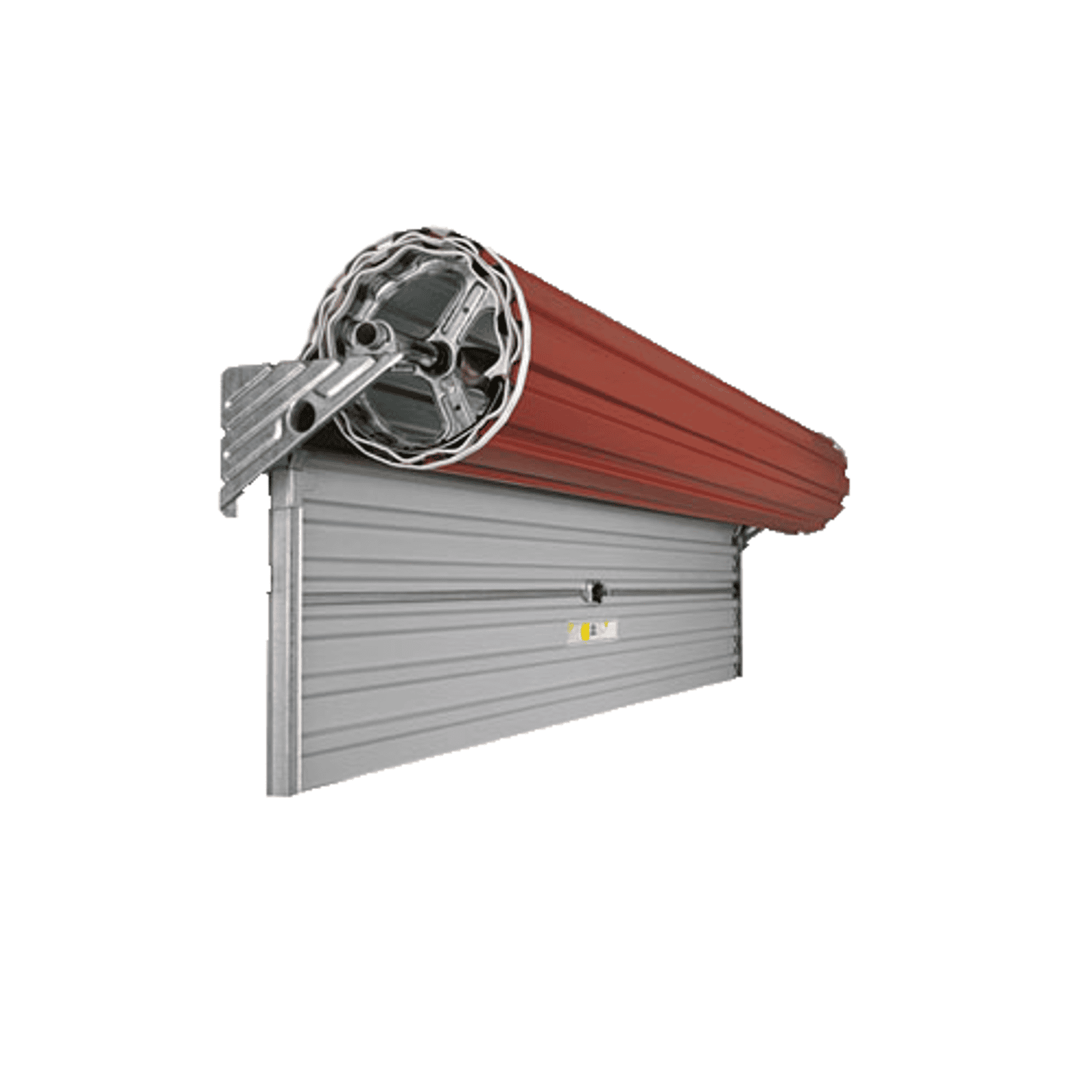Half-open red and silver roller shutter garage door, installation view, in Prestons, New South Wales, Australia.