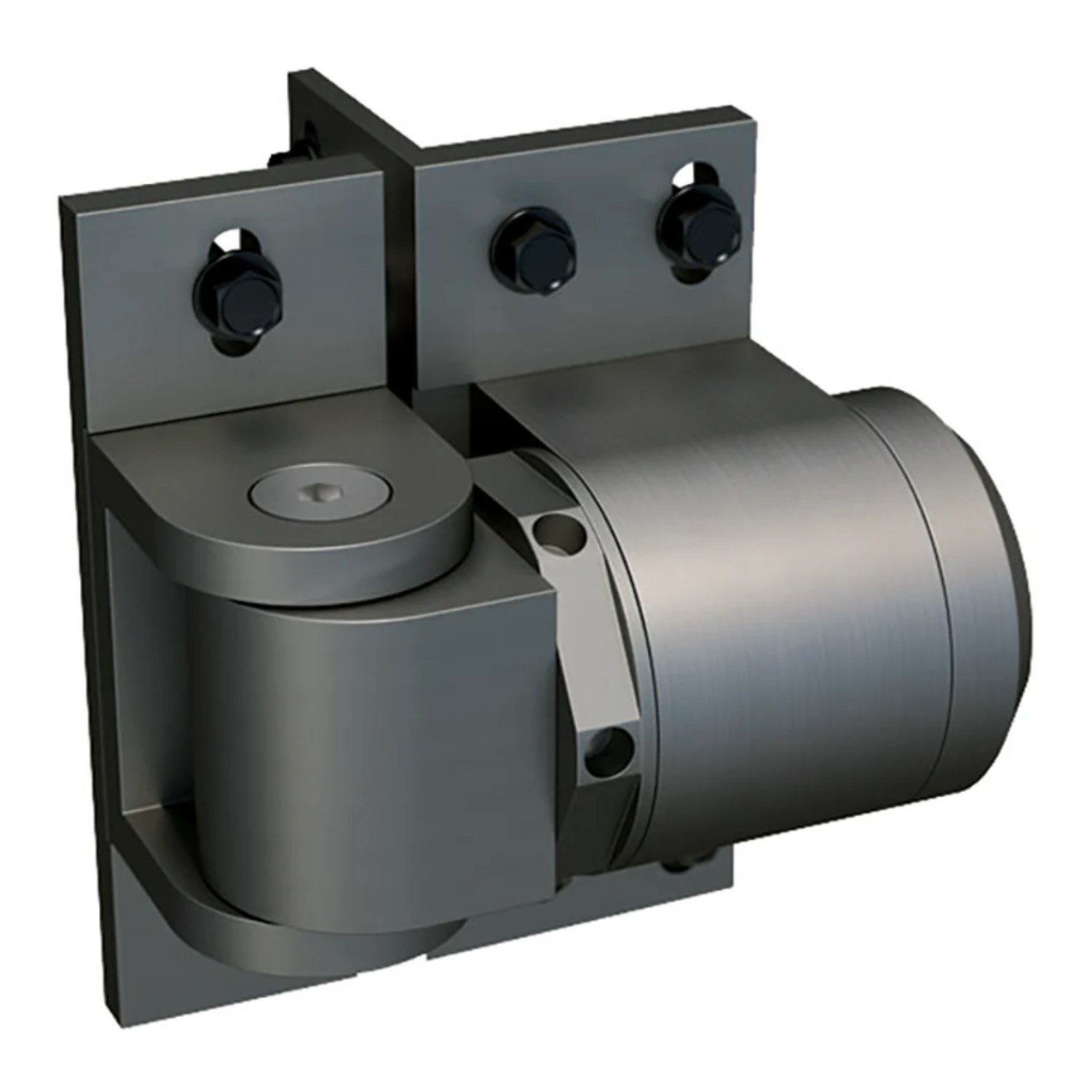 Heavy-duty hydraulic gate hinge, metal construction, wall-mounted in Prestons, New South Wales, Australia.