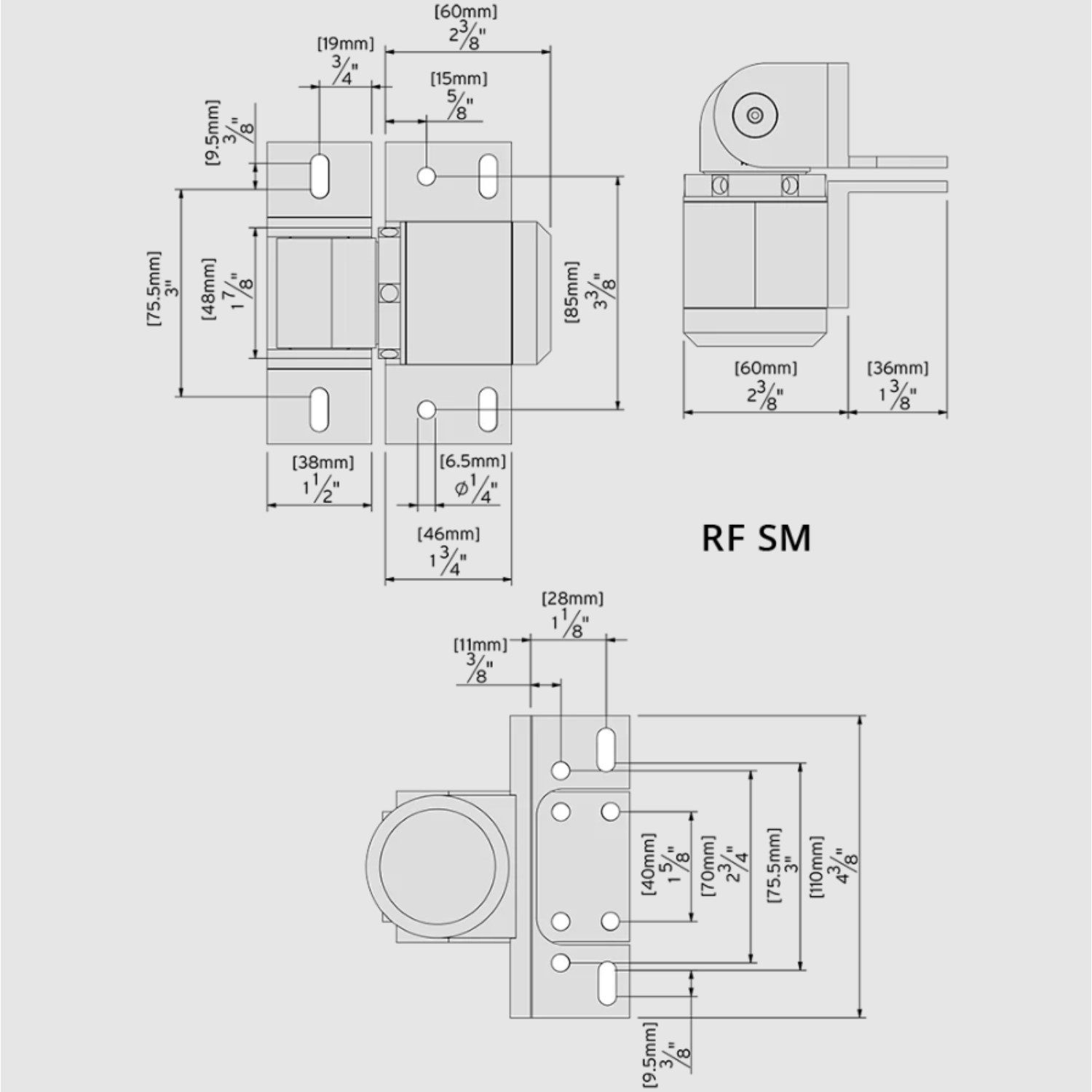 Technical diagram with dimensional specifications for the RF SM metal gate hinge assembly, featured in Prestons, New South Wales, Australia