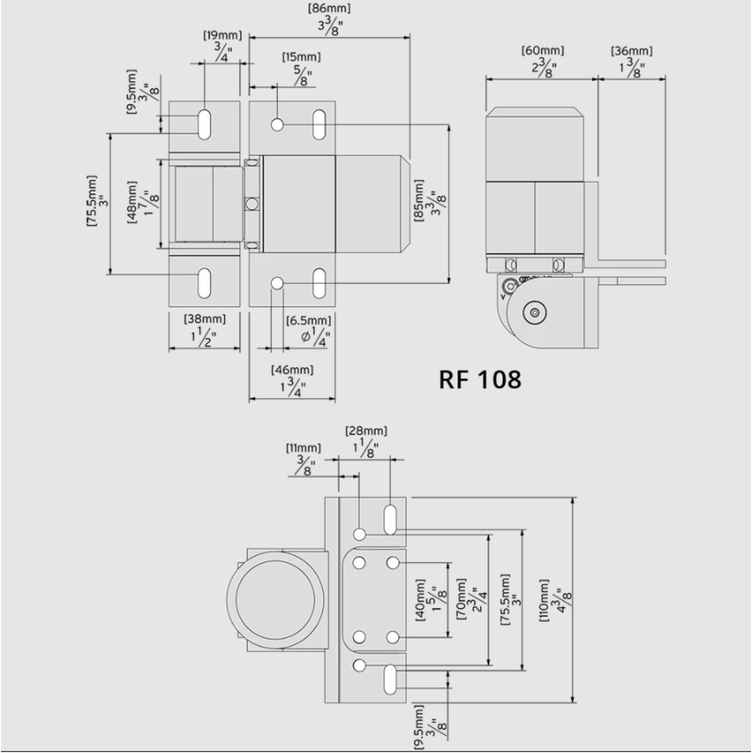 Technical drawing with detailed dimensions of RF 108 heavy-duty metal gate hinge for automation, used in Prestons, New South Wales, Australia
