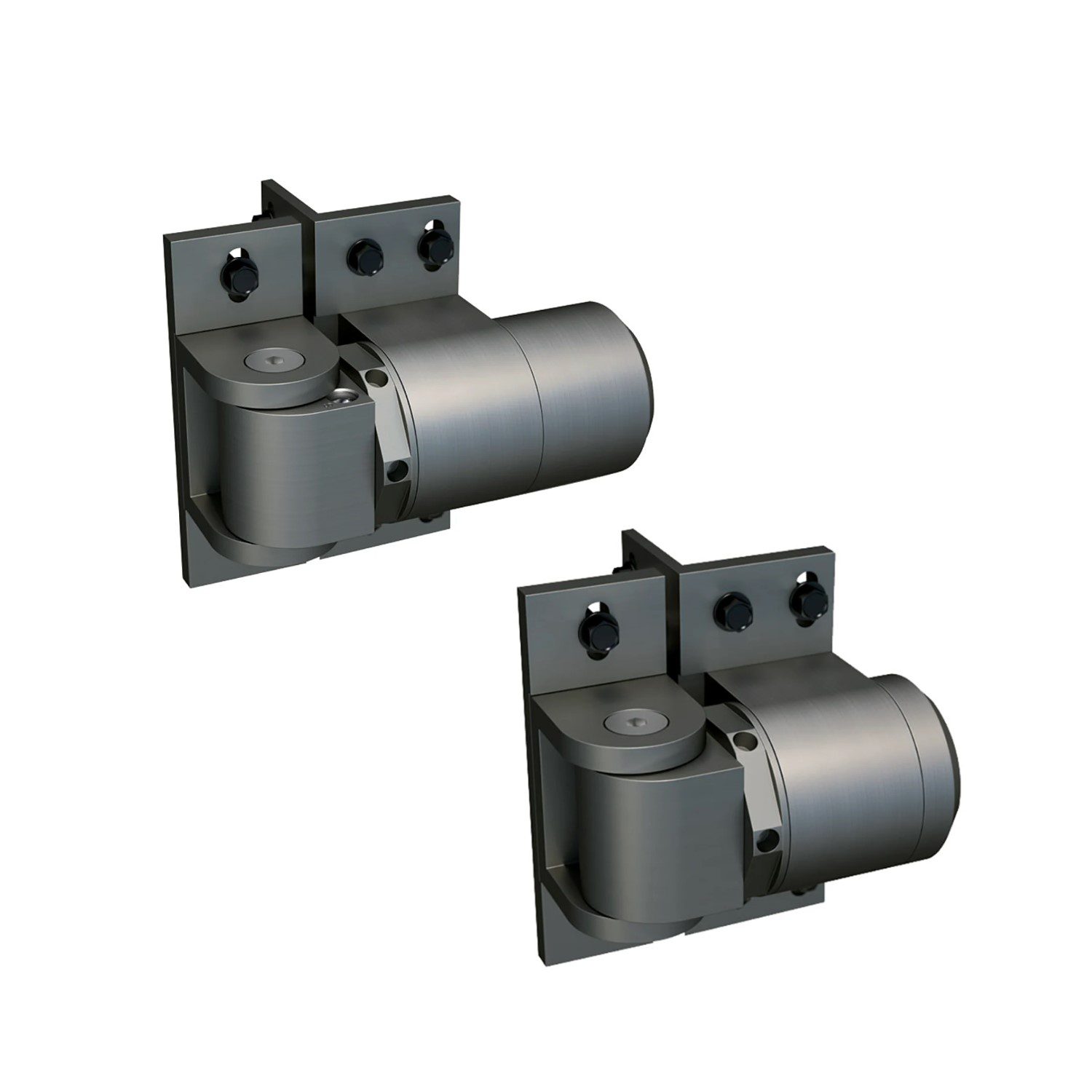 Pair of hydraulic gate hinges, silver metal, for double gates in Prestons, New South Wales, Australia.