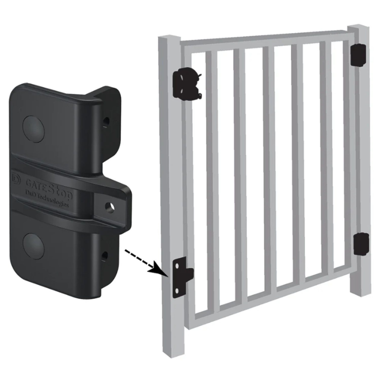 TruClose gate stop installed on bottom of metal fence gate in Prestons, New South Wales, Australia.
