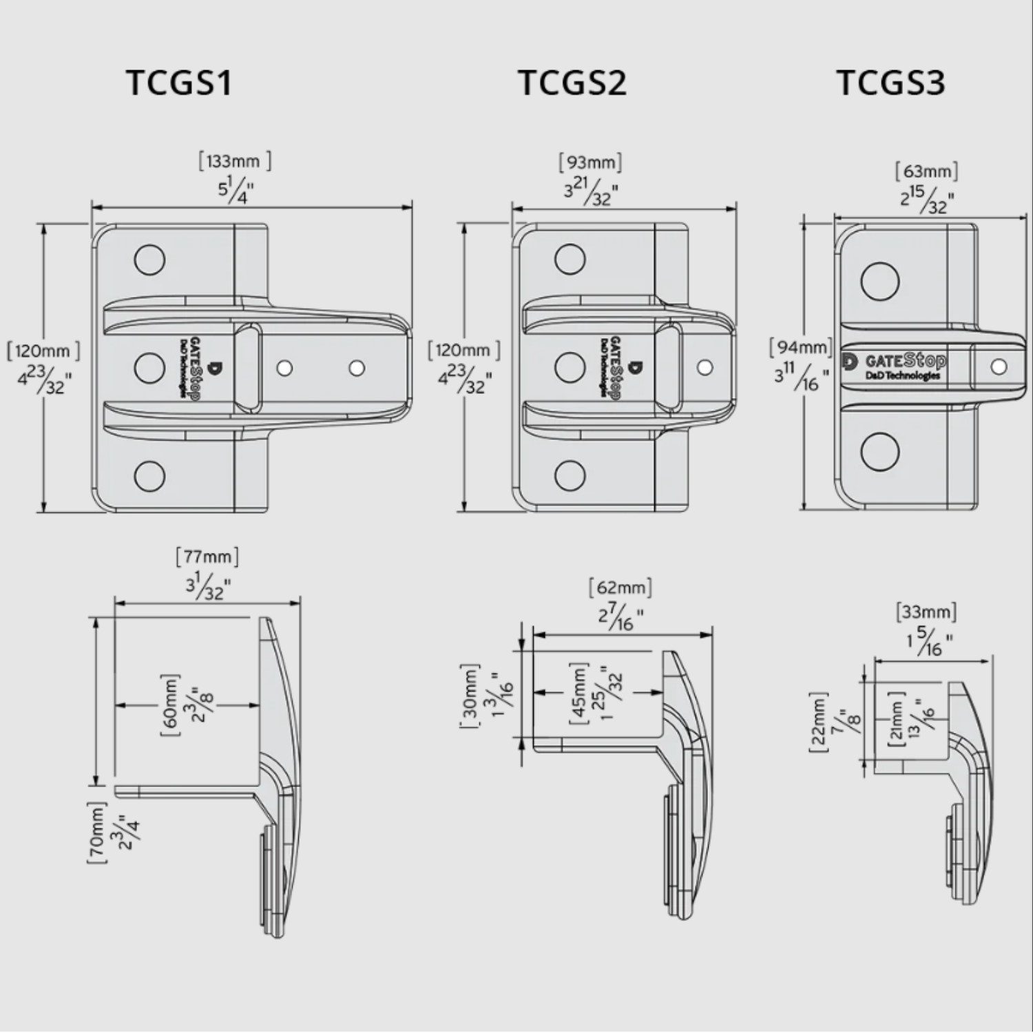Technical drawing of TruClose gate stops, three sizes, with dimensions in Prestons, New South Wales, Australia.