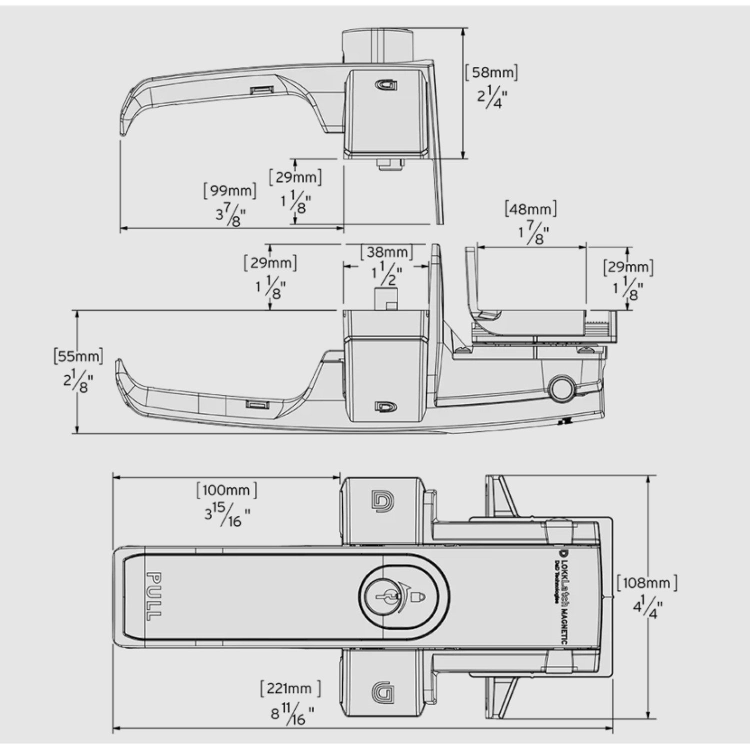 Technical drawing with dimensions of a black gate handle for installation on metal gates, shown in Prestons, New South Wales, Australia