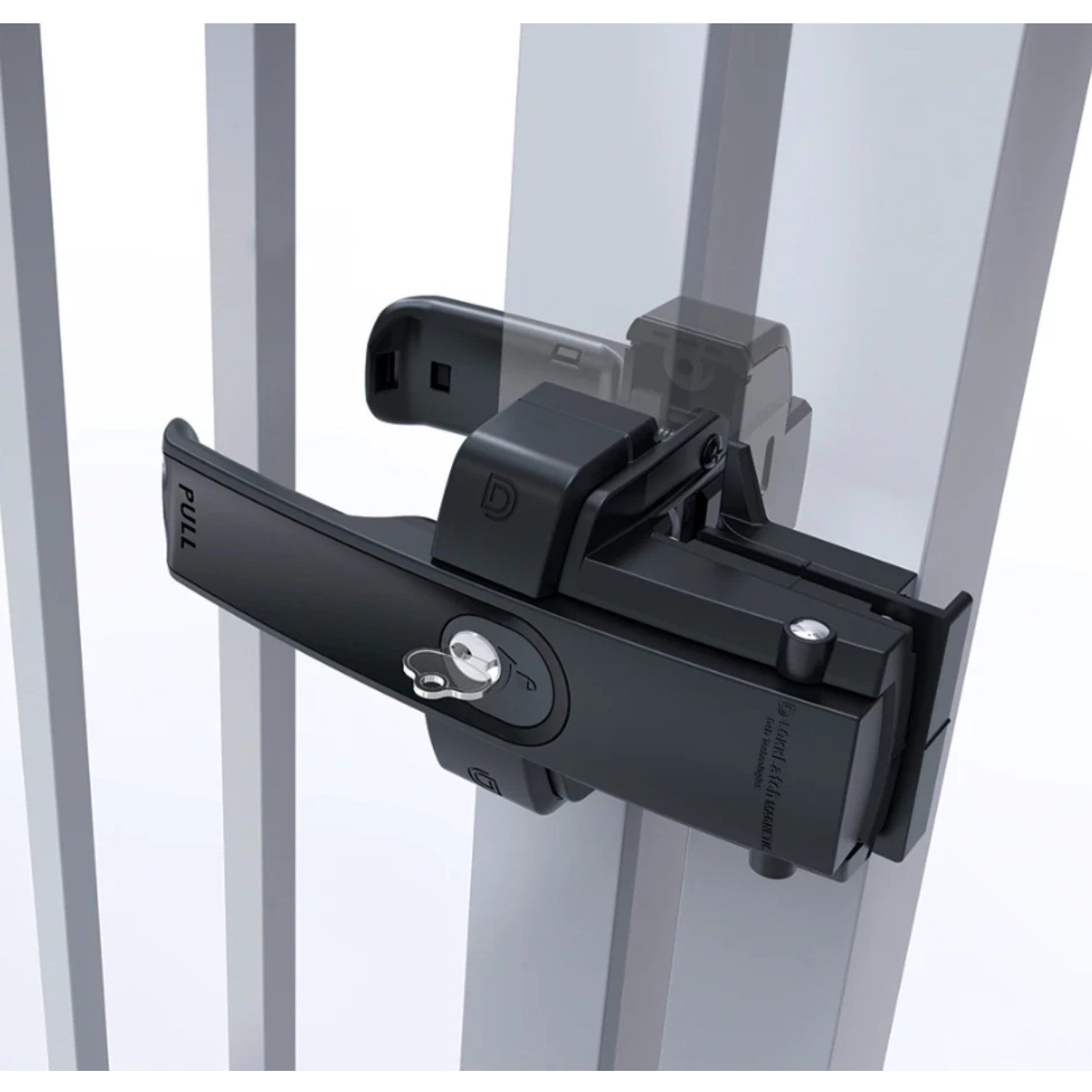 Black gate handle mounted on a metal post, used for secure entry in Prestons, New South Wales, Australia