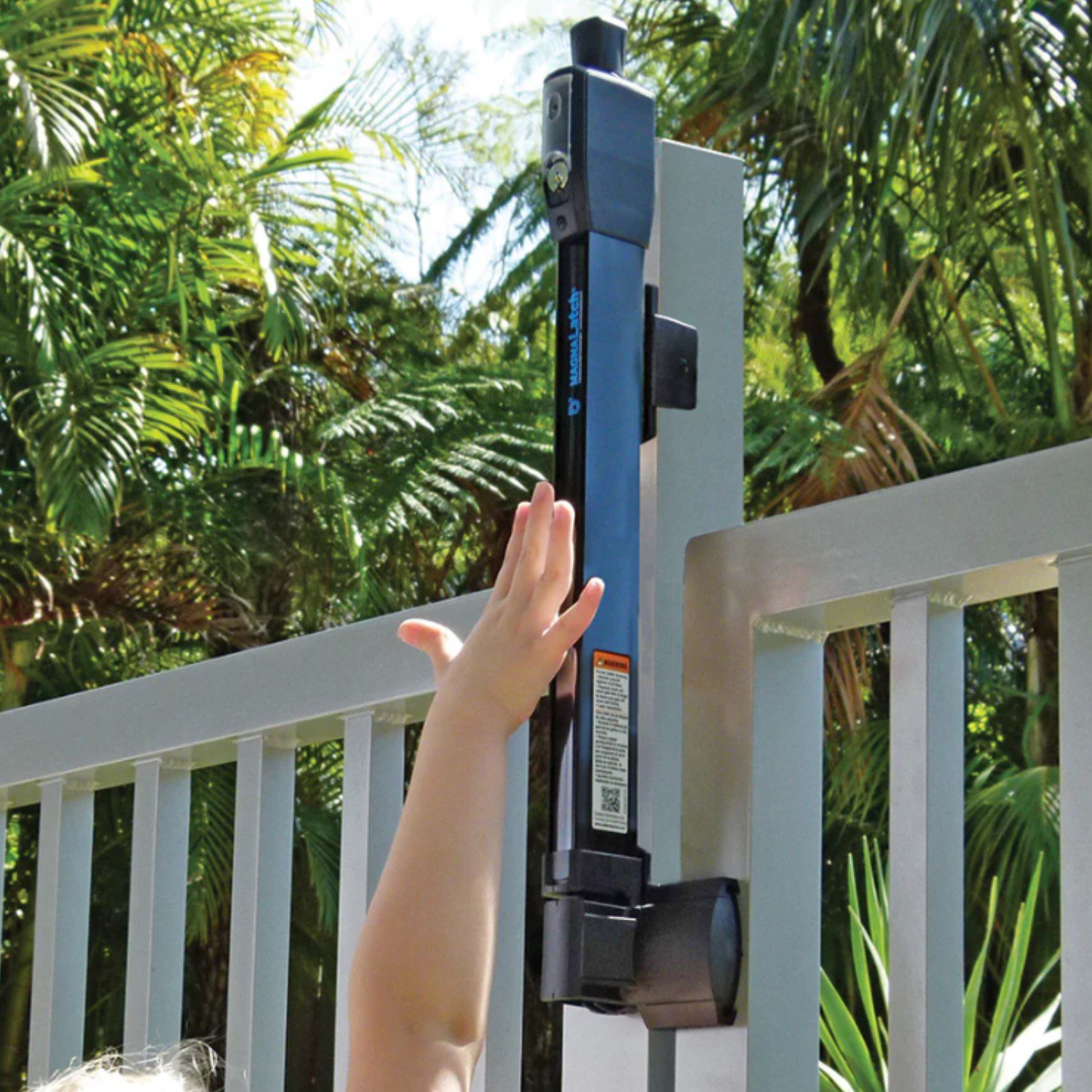 Technical dimensioned drawing of a black metal gate lock and latch assembly, used for gate security in Prestons, New South Wales, Australia.