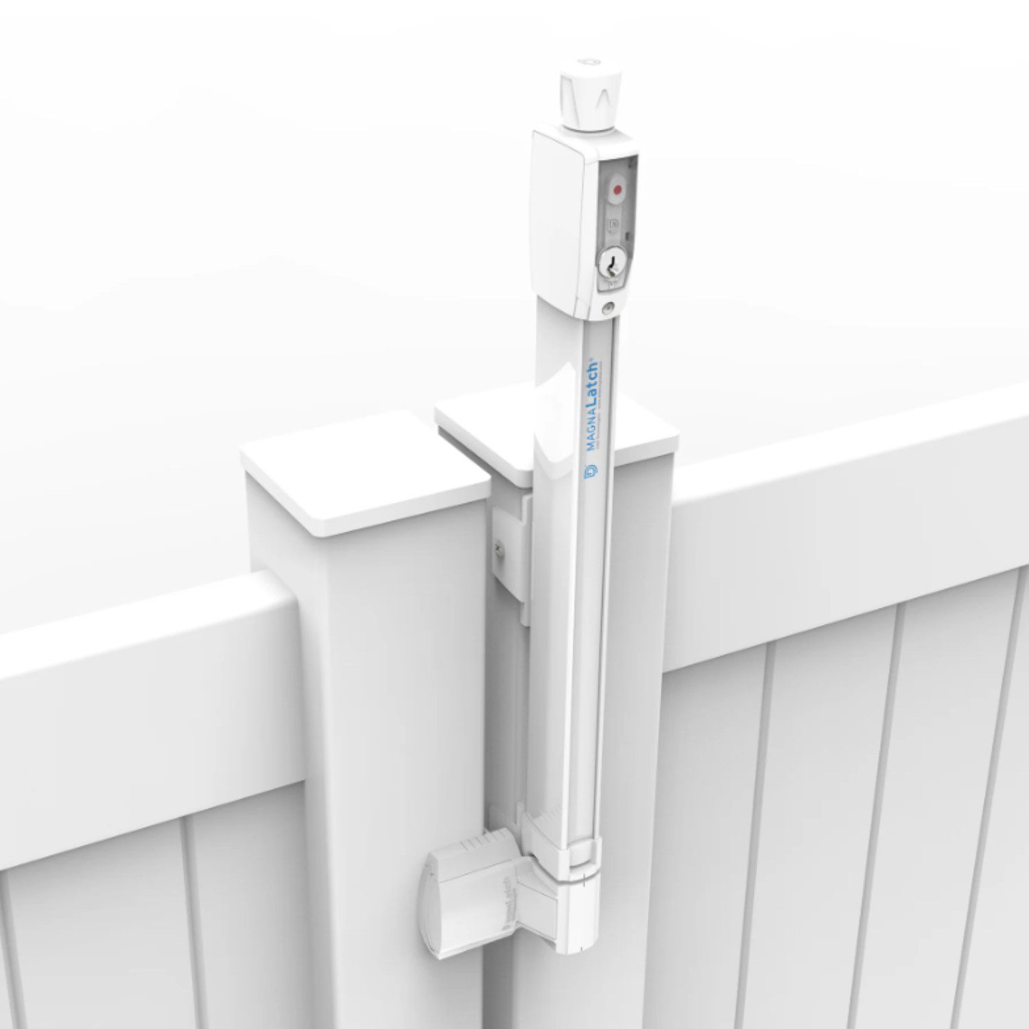 Black gate latch and lock mechanism installed on a metal fence, pictured in Prestons, New South Wales, Australia