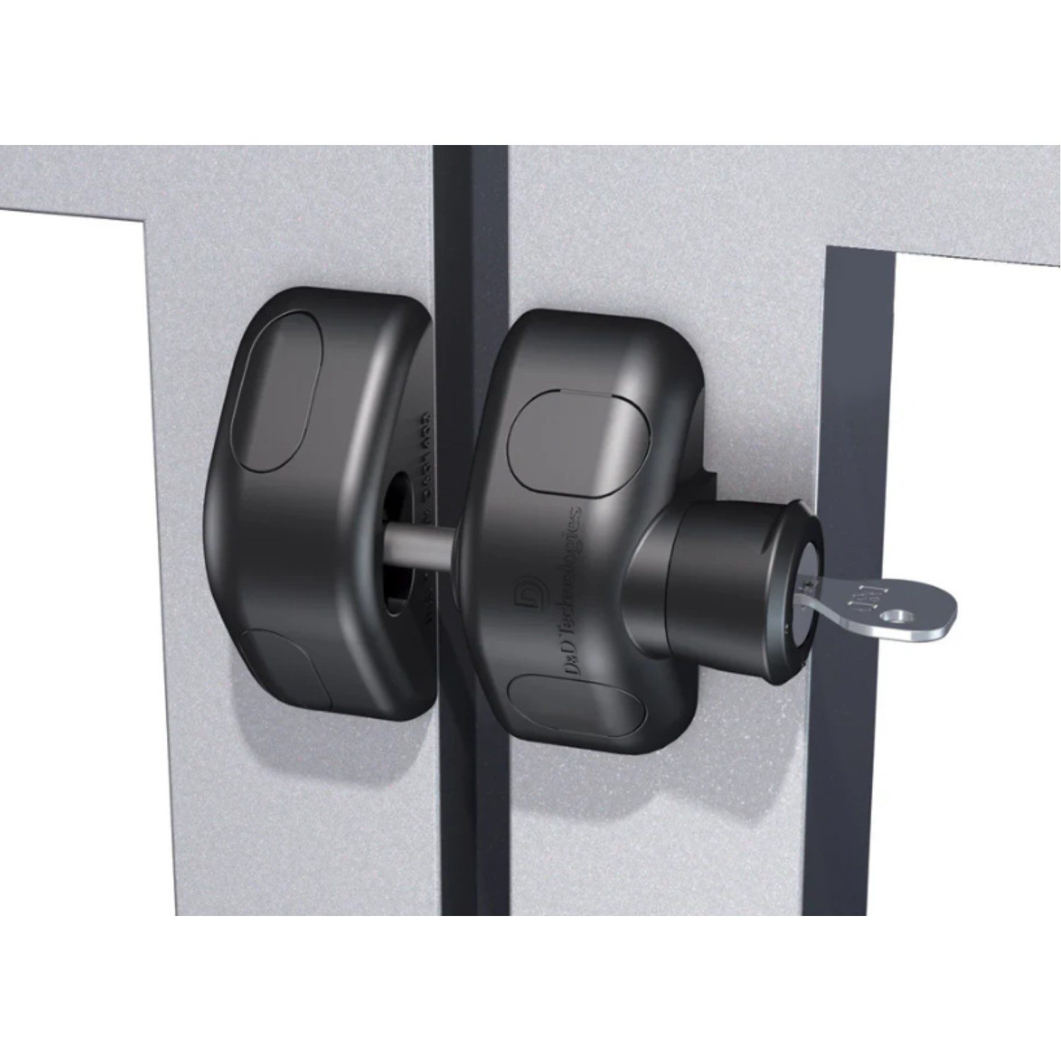 Black gate lock with key inserted, securing two metal gates in Prestons, New South Wales, Australia