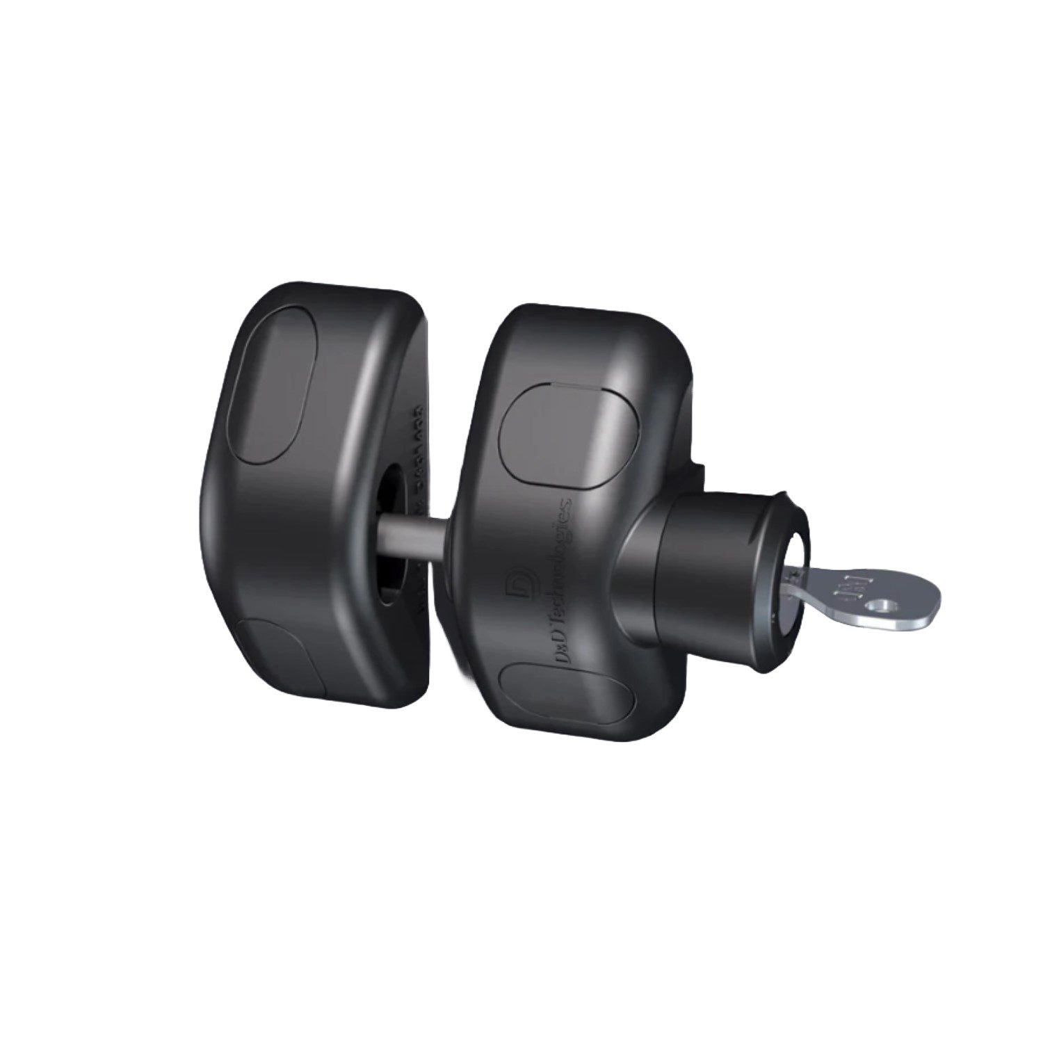 Isolated black gate lock with key, designed for metal gates in Prestons, New South Wales, Australia