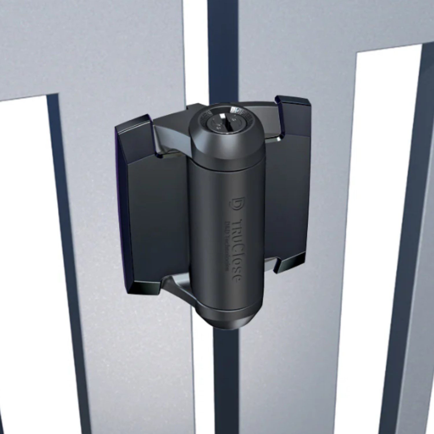 TruClose self-closing black hinge securely mounted on a metal gate, shown in Prestons, New South Wales, Australia.