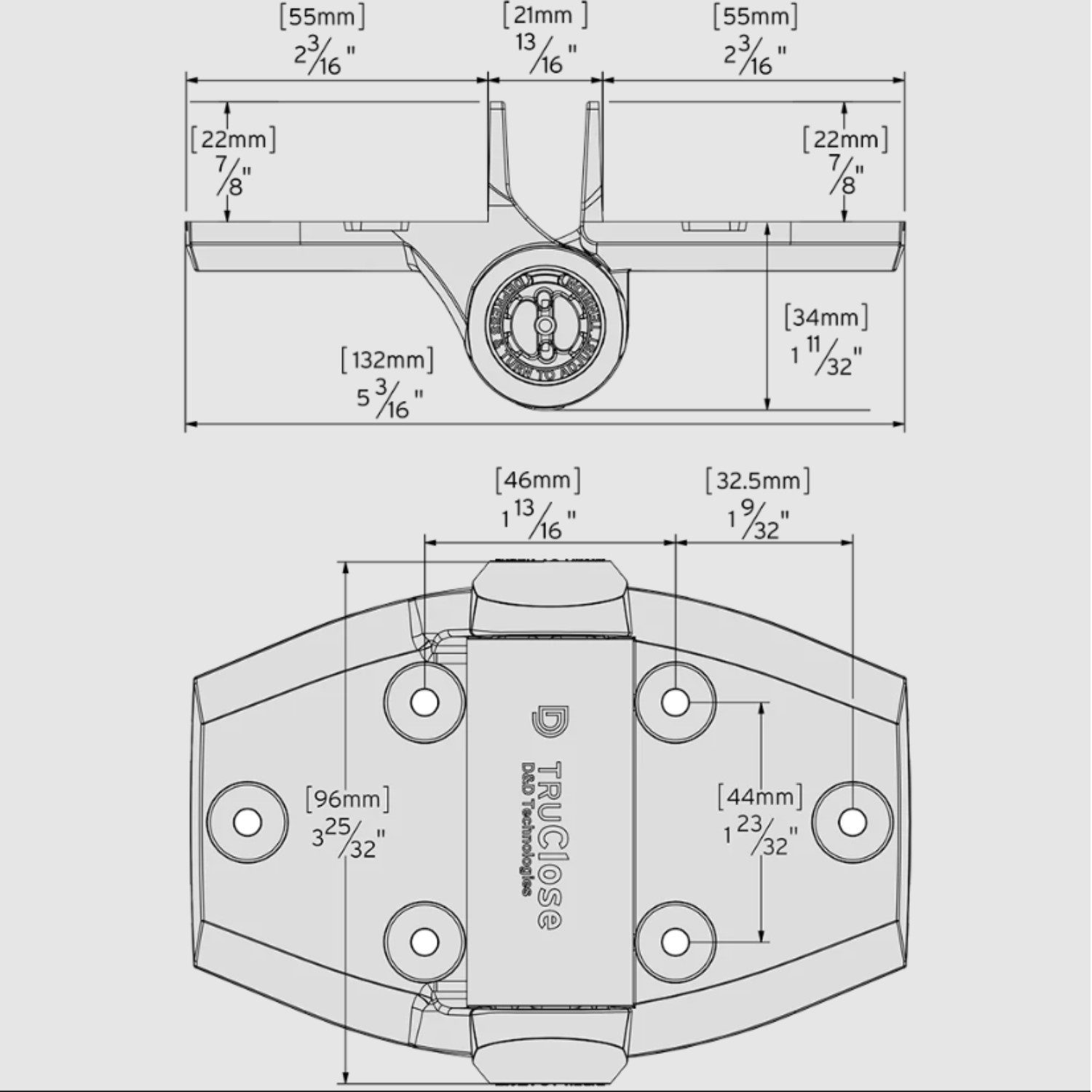 Technical drawing with measurements for a TruClose self-closing gate hinge, shown in Prestons, New South Wales, Australia