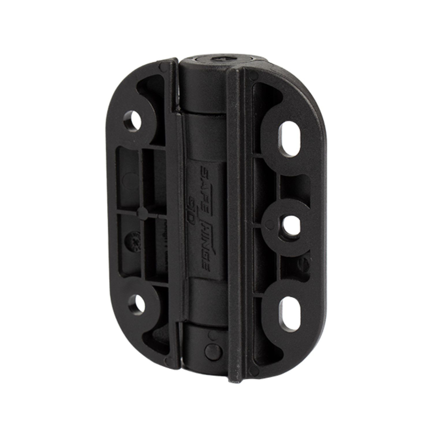 Safetech Polymer Self-Closing Gate Hinge – Angle Product Shot Angled product view of the Safetech heavy-duty black self-closing hinge, displaying its robust construction and mounting holes. Suitable for reliable, long-lasting self-closing gate or door installations By SAMT Garage & Gate Automation in Prestons, New South Wales, Australia.