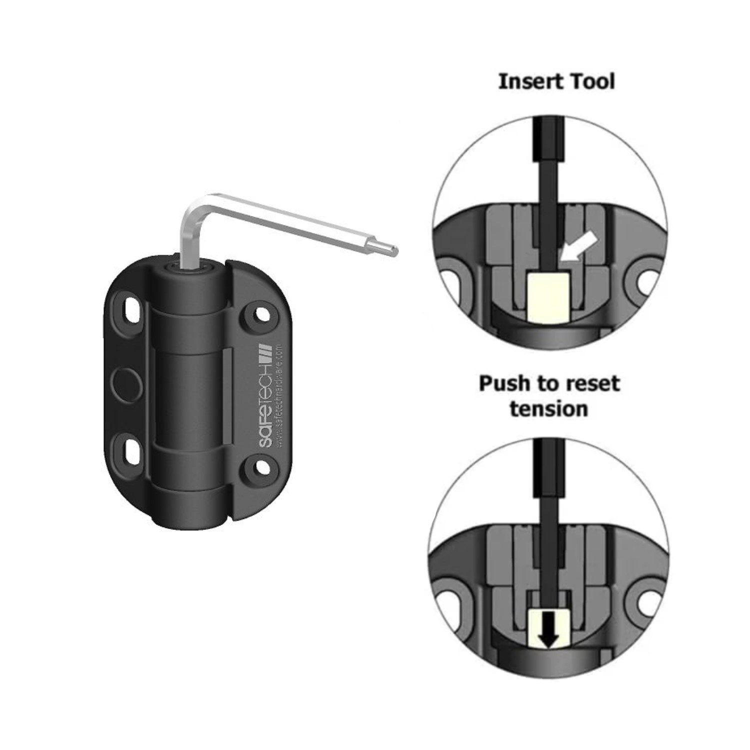 Safetech Polymer Self-Closing Gate Hinge – Allen Key Adjustment Product photo of a black Safetech self-closing polymer gate hinge, shown with an Allen key inserted into the top for tension adjustment. Ideal for use on swing gates or doors needing automatic closure and durable performance By SAMT Garage & Gate Automation in Prestons, New South Wales, Australia.