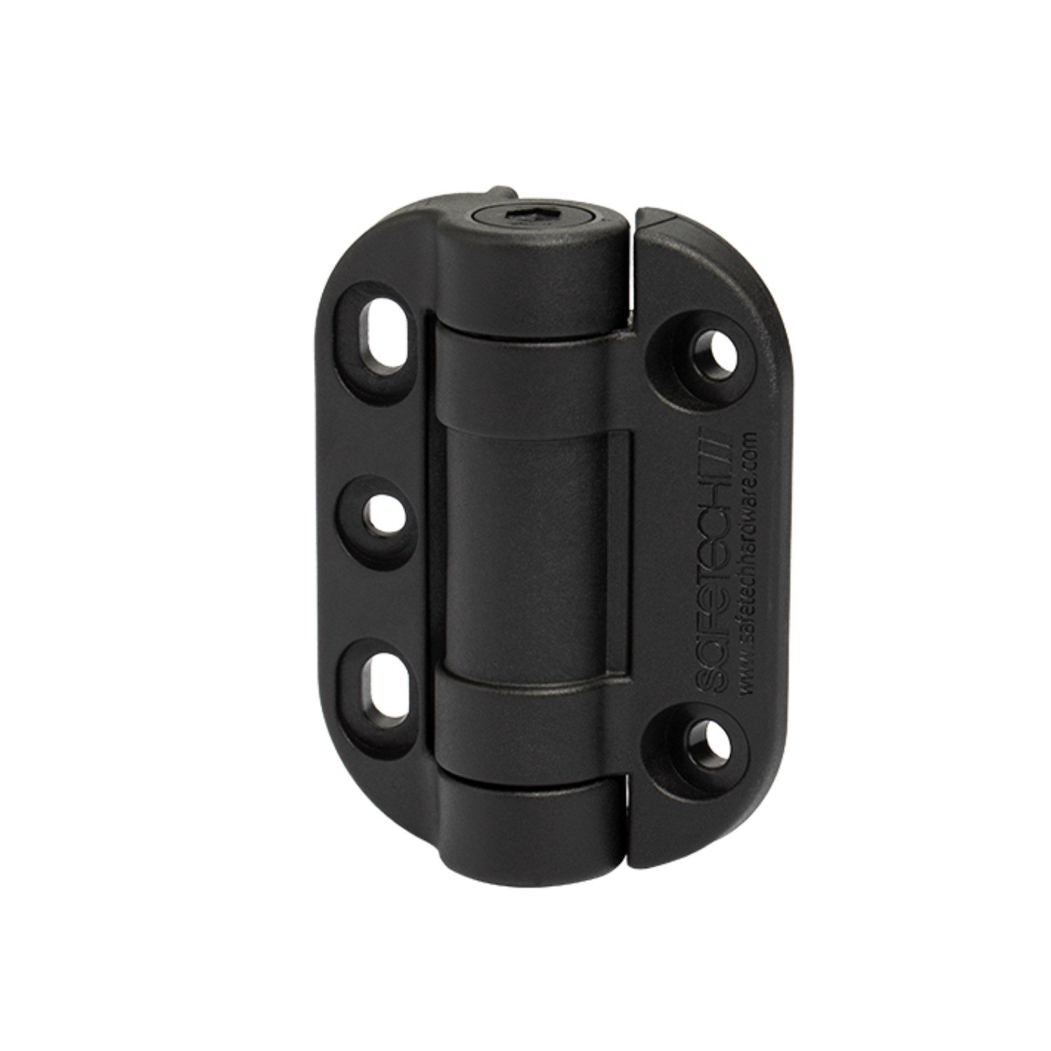 Safetech Polymer Self-Closing Gate Hinge – Angle Product Shot Angled product view of the Safetech heavy-duty black self-closing hinge, displaying its robust construction and mounting holes. Suitable for reliable, long-lasting self-closing gate or door installations By SAMT Garage & Gate Automation in Prestons, New South Wales, Australia.