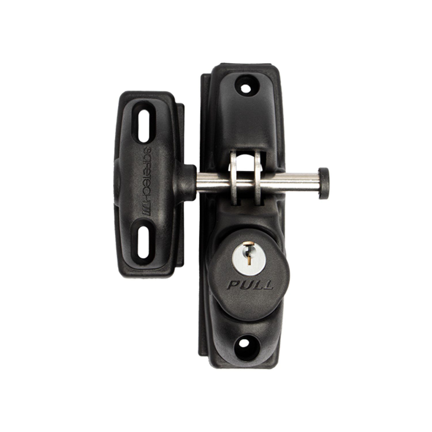 Black gate lock with key, labeled pull, vertical mount, in Prestons, New South Wales, Australia.