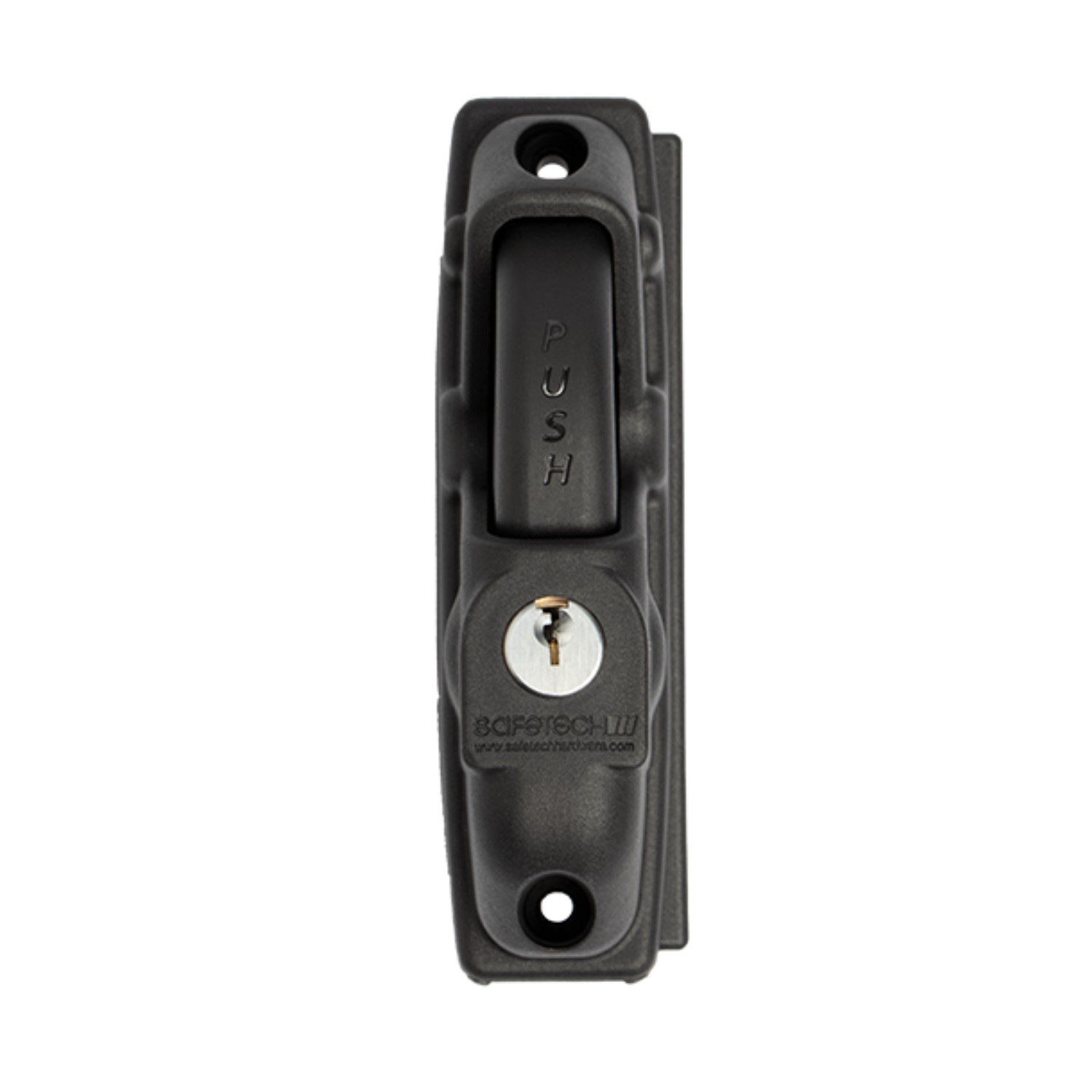 Product Photo – Safetech Flush-Mount Handle Front-facing product image showing the black polymer flush-mount handle. Features a prominent "PUSH" actuator and an integrated keylock for dual security and convenience. Durable weather-resistant design, suitable for both indoor and outdoor installation on gates, access panels, or cabinet doors. The flush profile ensures a clean, tamper-resistant appearance while enabling easy access control. Branding and keyhole are clearly visible, demonstrating its compatibility with secure environments such as schools, businesses, or industrial facilities. These images collectively provide a comprehensive view of the Safetech flush-mount push handle, covering both technical installation details and end-user appearance/features. Suitable for product catalogs, specification sheets, or installation manuals. By SAMT Garage & Gate Automation in Prestons, New South Wales, Australia.