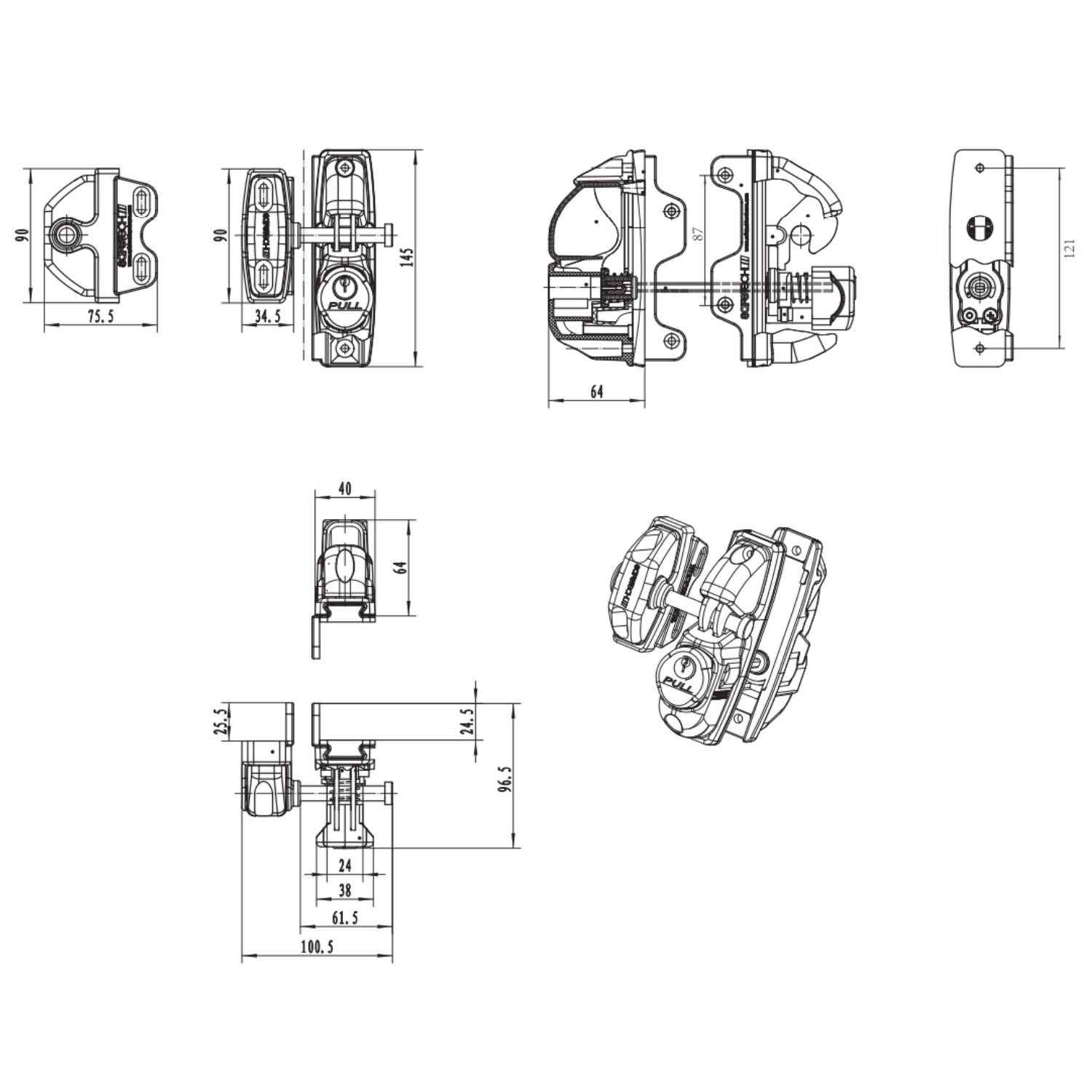 Technical Drawing – Safetech Flush-Mount Handle Multi-view technical drawing presenting all critical dimensions for the Safetech flush-mount handle. Displays top, front, side, and sectional views, with precise measurements for mounting and installation. Essential for engineers, builders, or installers needing exact specifications to achieve a secure, accurate fit on gates, doors, or security enclosures. Clear measurement annotations support efficient planning for new builds or retrofits By SAMT Garage & Gate Automation in Prestons, New South Wales, Australia.