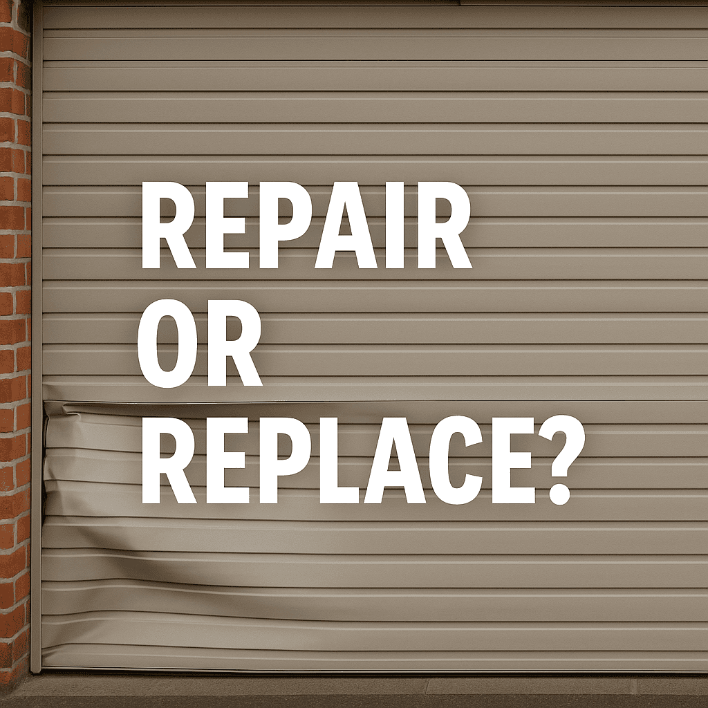 Damaged roller garage door showing dent, suitable for repair or replacement service by SAMT Garage & Gate Automation in Prestons, New South Wales, Australia.