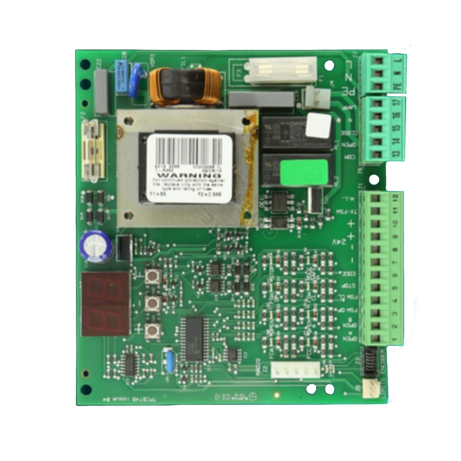 Green circuit board for automatic gate motor control panel used in sliding gate motor kits, supplied by SAMT Garage & Gate Automation in Prestons, New South Wales, Australia.