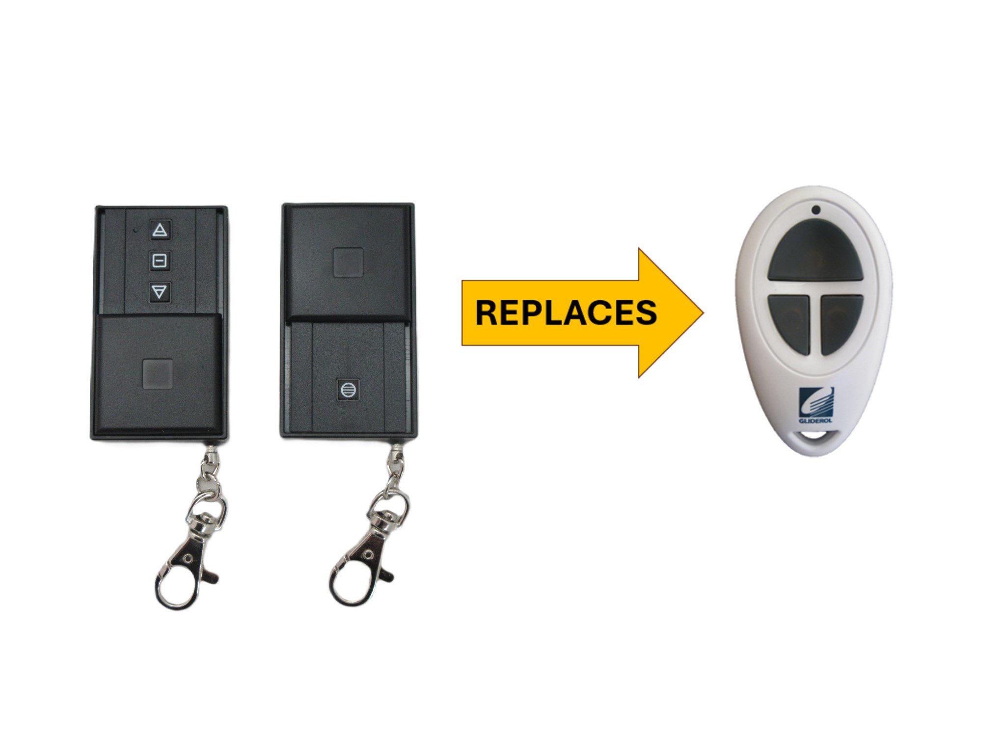 Gliderol spare garage door remote comparison showing red LED compatible