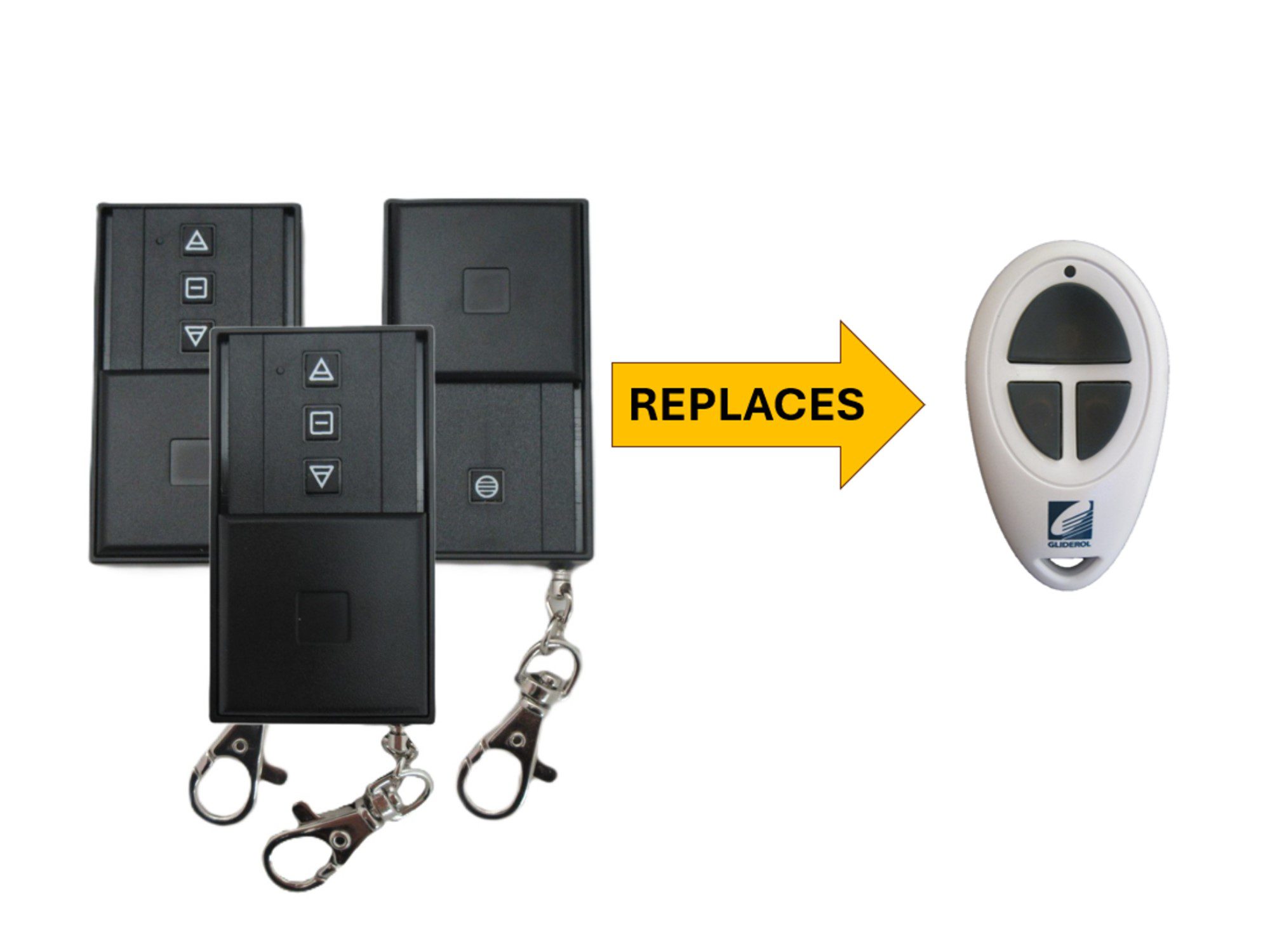 Gliderol spare garage door remote comparison showing red LED compatible