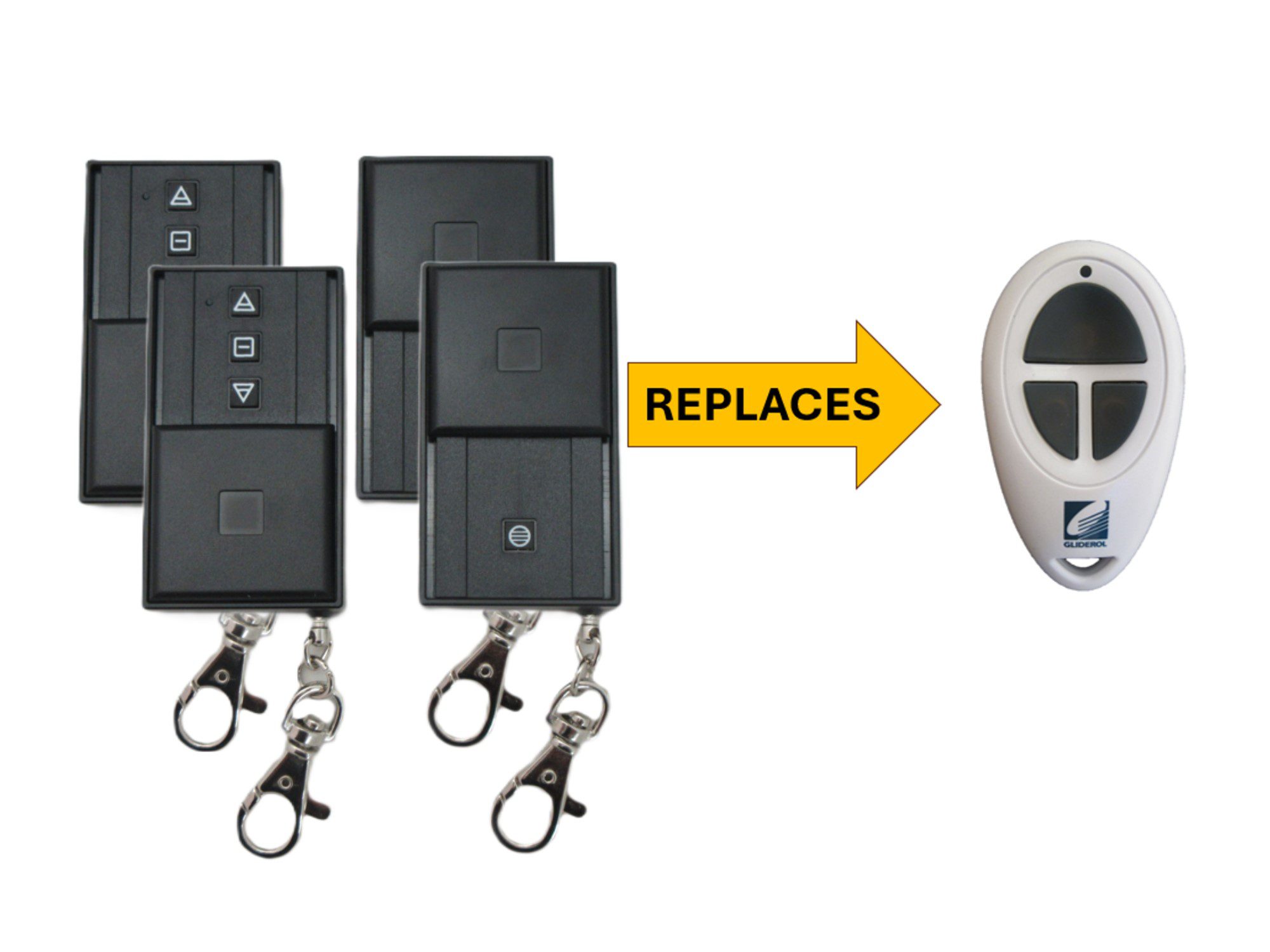 Gliderol spare garage door remote comparison showing red LED compatible